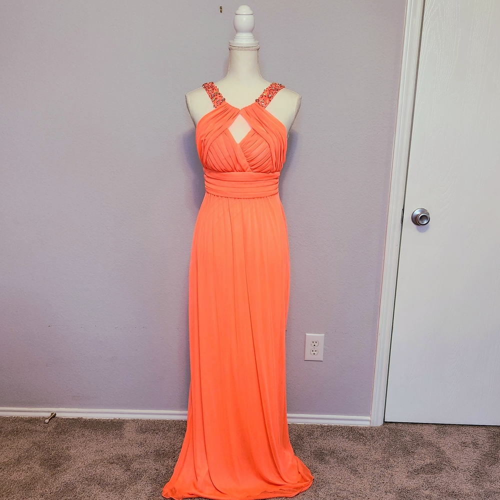 City Triangles Orange Ruched Halter Maxi Dress